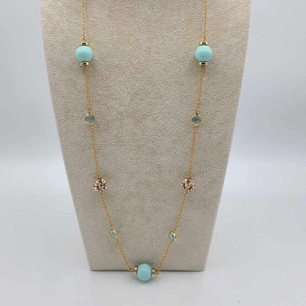 NWOT J Crew Aqua Bead Gold Crystal Bead Glass Bead Station Necklace